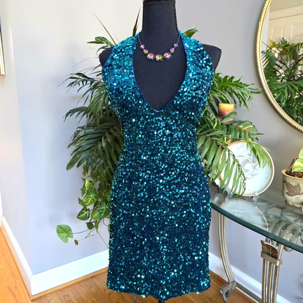 Aqua Green Sequin Halter Bodycon Dress